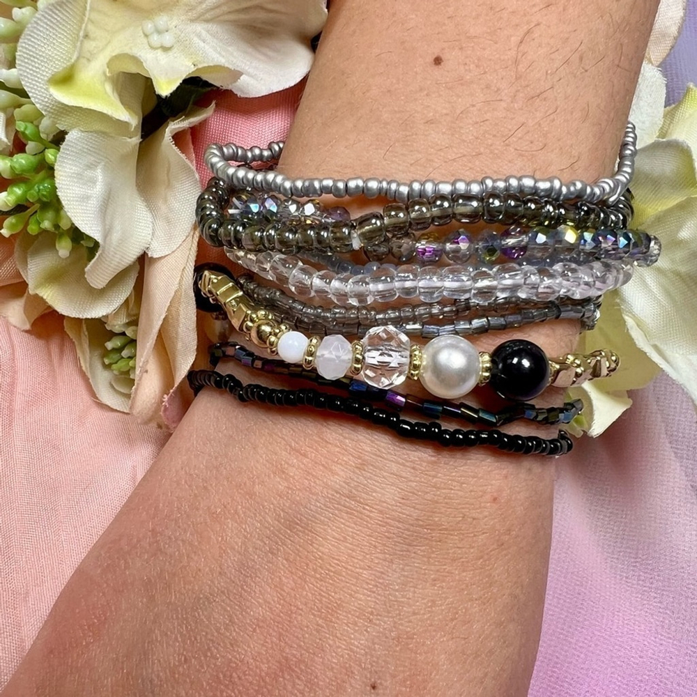 Midnight Onyx Black Beaded Bracelet Stack with elastic OS - Picture 5 of 7